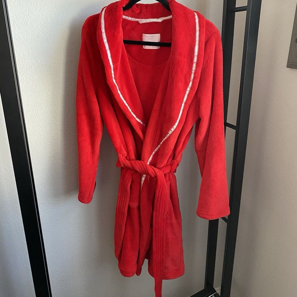 Victoria Secret Plush Short Robe Large Red White Ribbon Trim‎ Pockets Belt